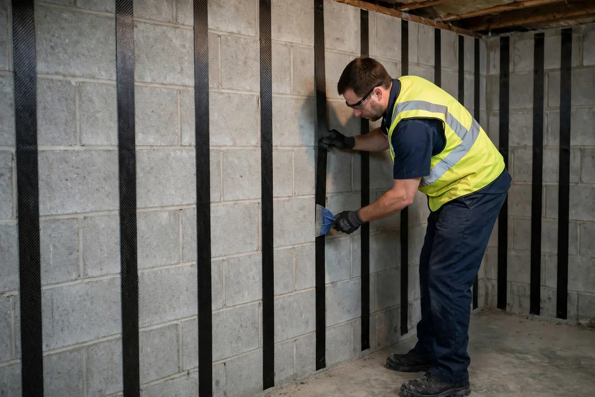 Carbon fiber straps reinforcing a basement wall in Glen Head, NY