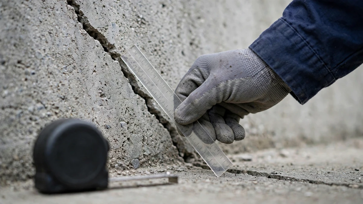 Crack-width gauge measuring a crack in a concrete foundation wall