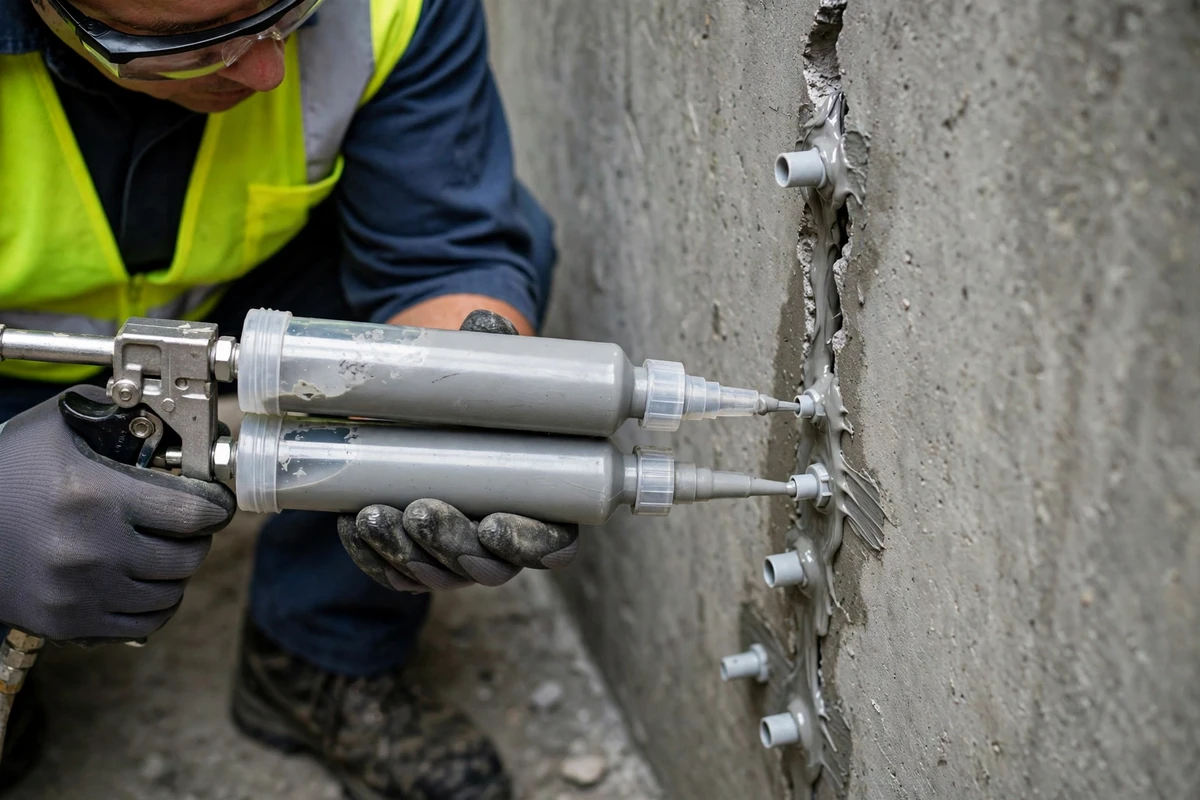Crack injection ports on a basement wall in Jericho