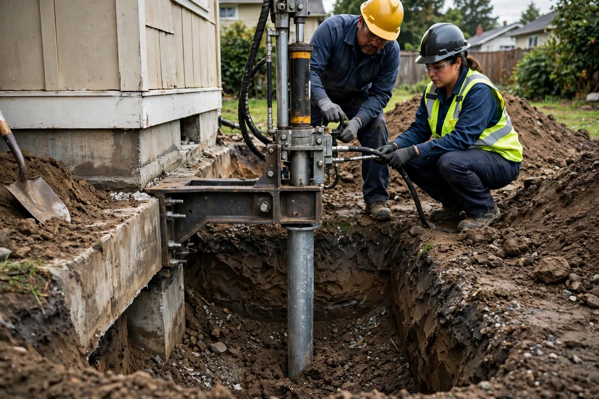 Hydraulic pier installation beneath a Babylon, New York foundation