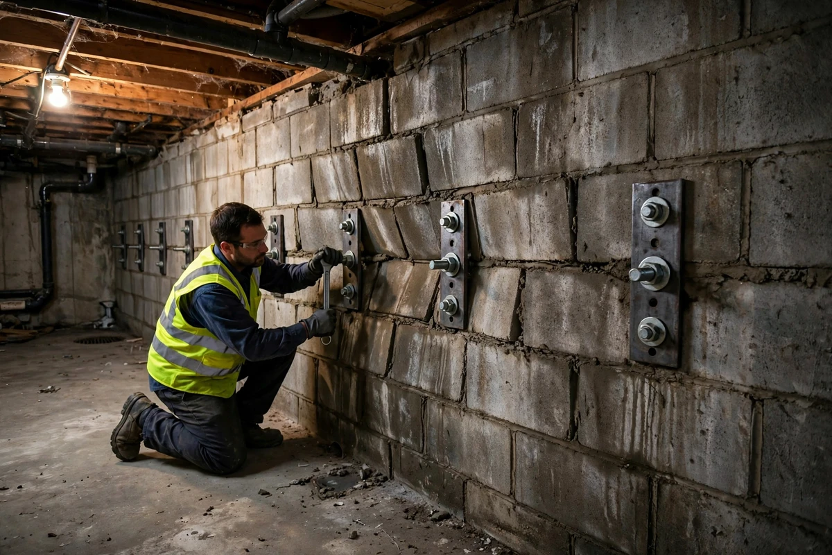 Bowing wall repair with steel anchors in Mill Neck