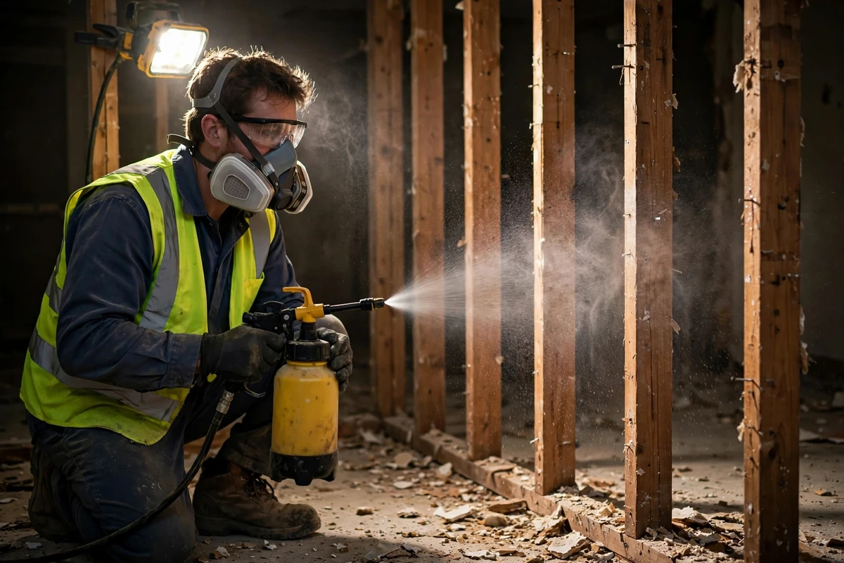 Antimicrobial spray on exposed framing in Brooklyn