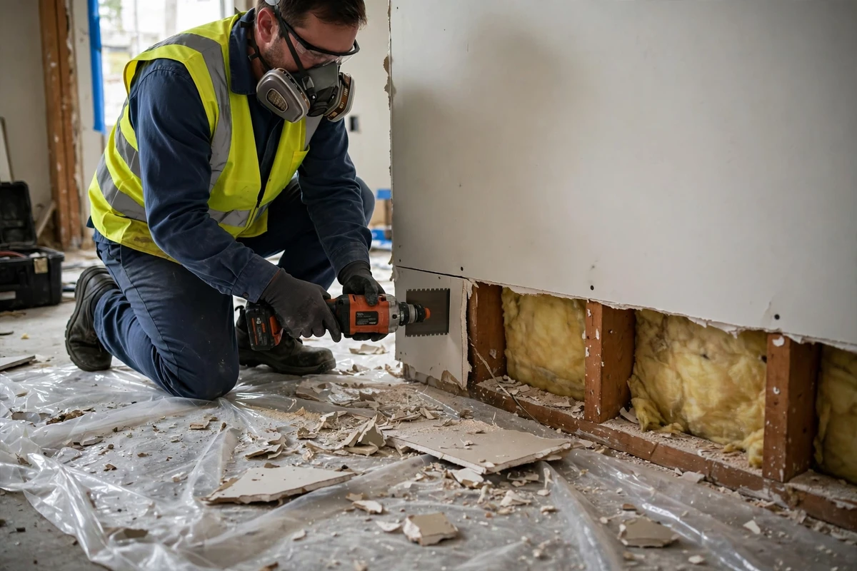 Wet drywall removal after flooding in Flushing