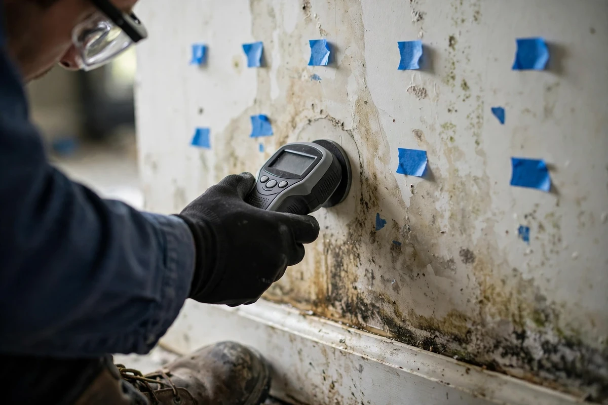 Moisture readings on drywall after a winter burst pipe
