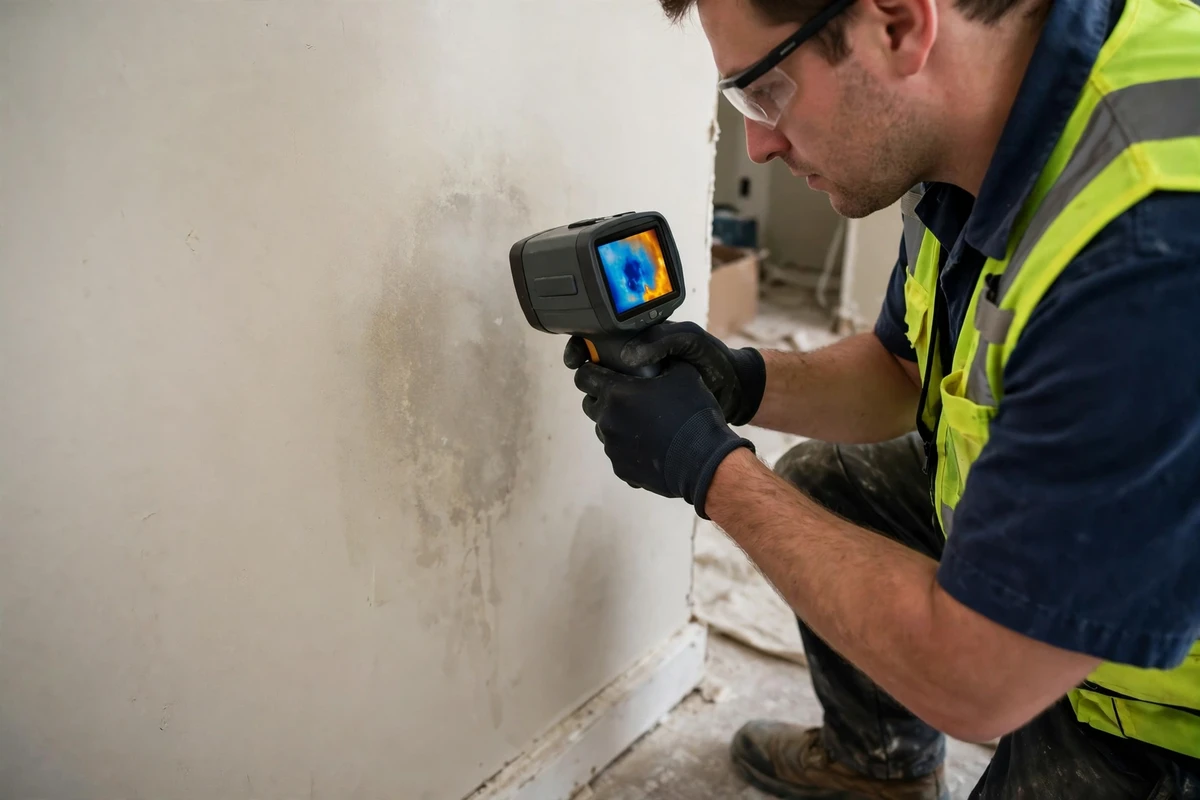 Thermal camera showing hidden moisture behind a bathroom wall