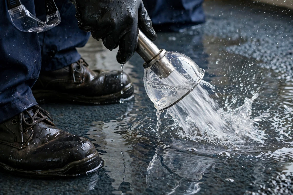 Technician extracting water from wet carpet after a household leak