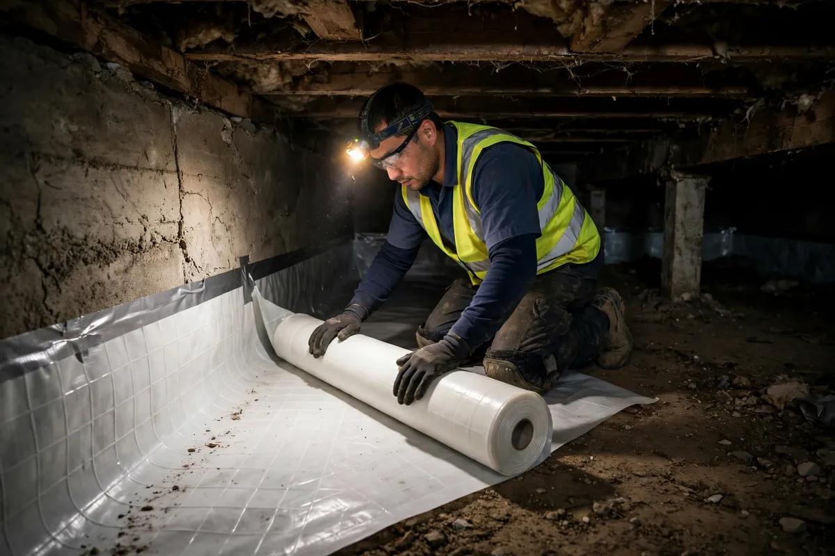 Worker rolling out a crawl space liner in Babylon