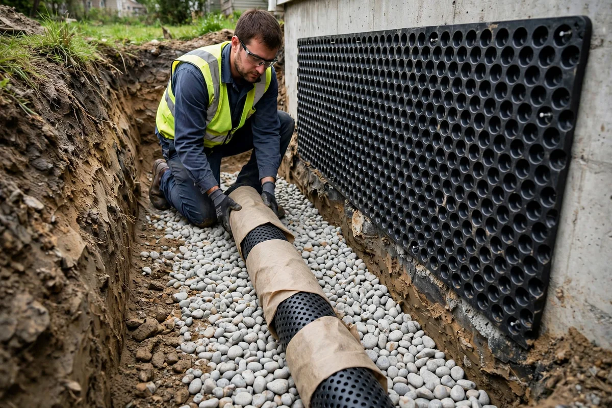 Drainage board and footing drain installed in Bayville, NY