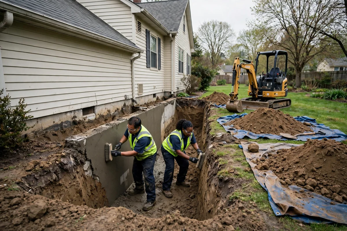 Excavated soil along a foundation during drainage improvements