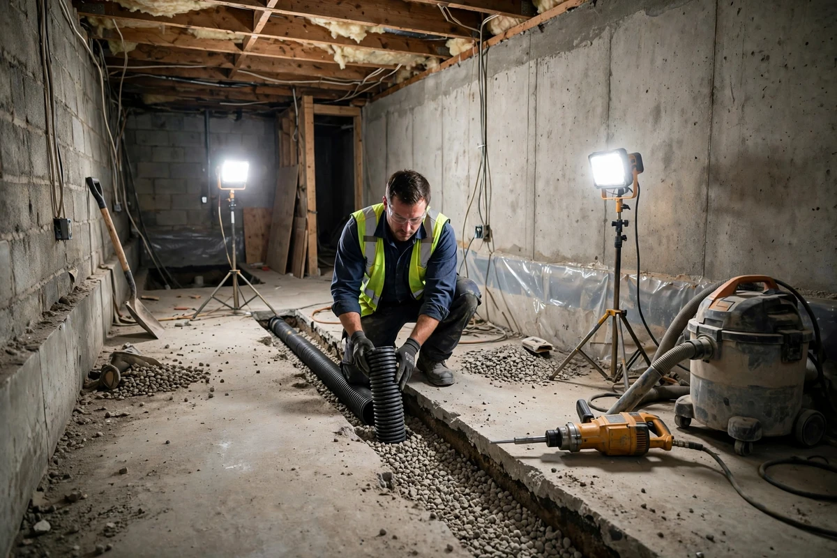 Interior perimeter drain being installed in a Long Island basement
