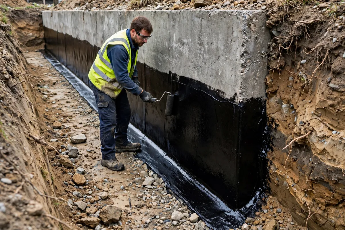 Rubberized membrane applied to an exterior foundation in Centerport, New York