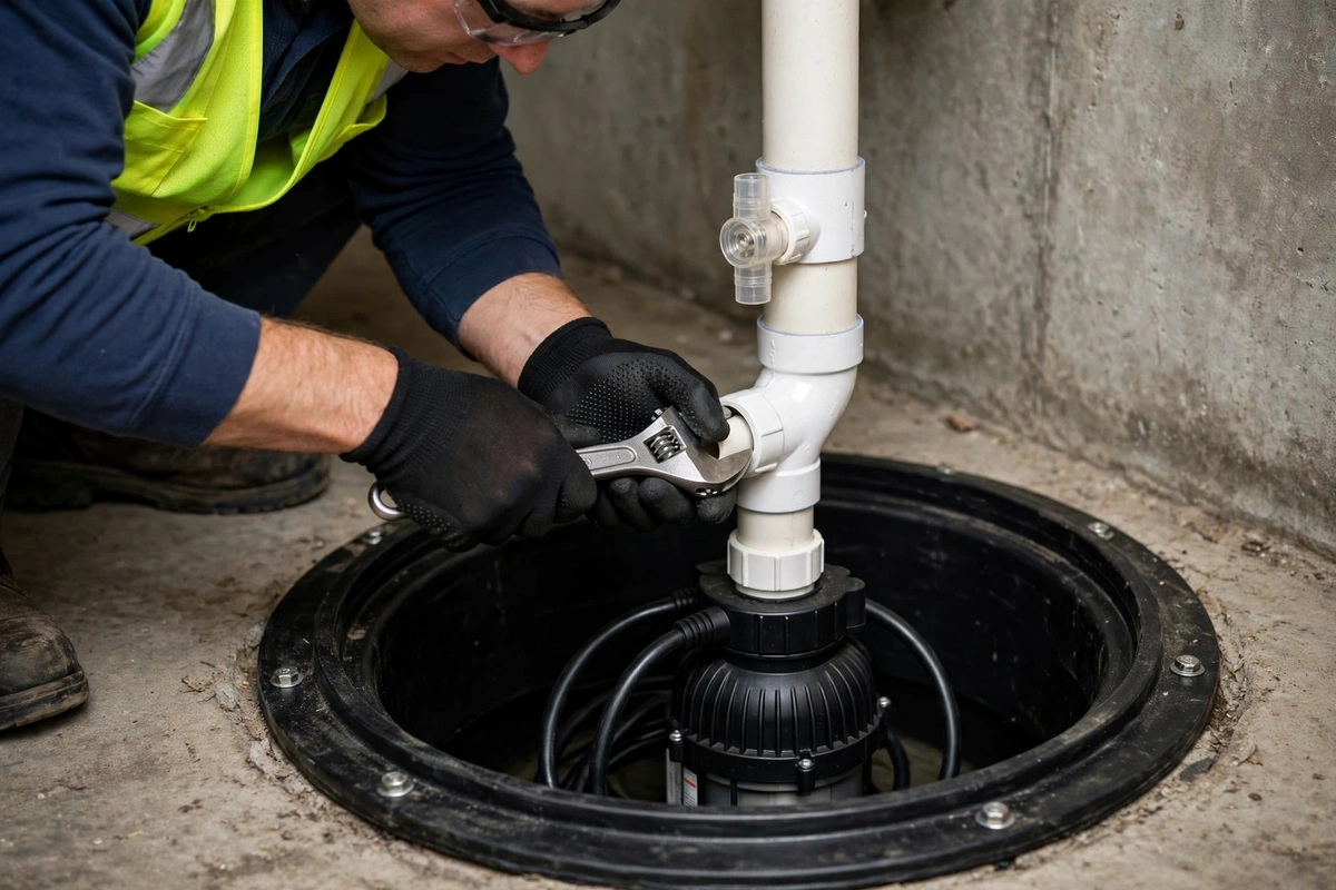 Sump pump being installed in a basement in Babylon, NY